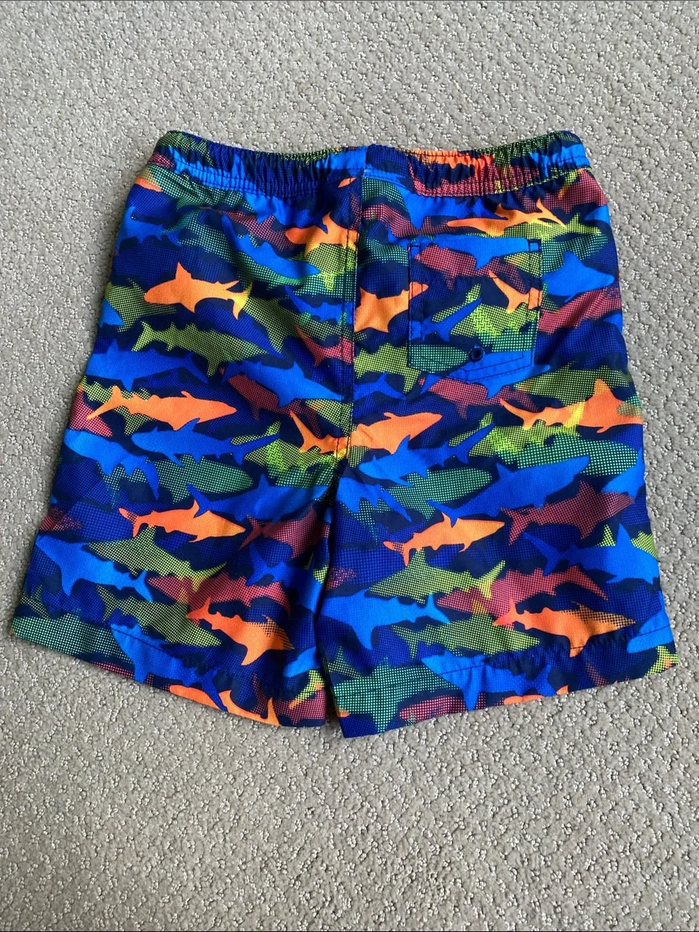 Lands' End Blue Shark-Pattern Swim Shorts with Orange & Green Accents